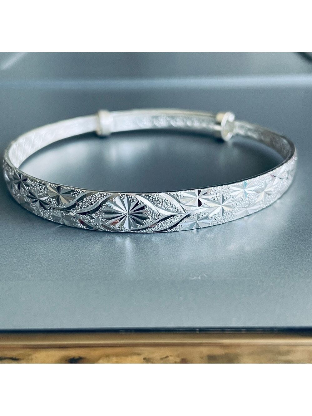 Diamond Cut Stars Etched Textured Sterling Silv Bangle Adjustable Asian …